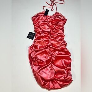 Lulus Coral Satin Ruched Dress